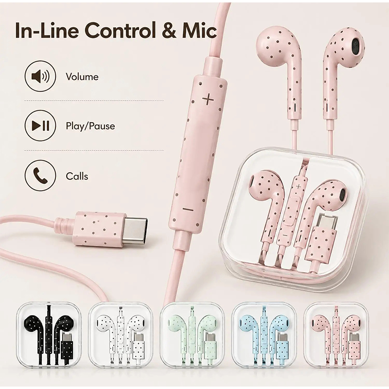 Type C Oordopjes met Polka Dot - Type C Wired Earphones With Mic recensie en prijs